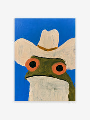 Illustration of a frog wearing a cowboy hat against a bright blue background, art print on satin paper