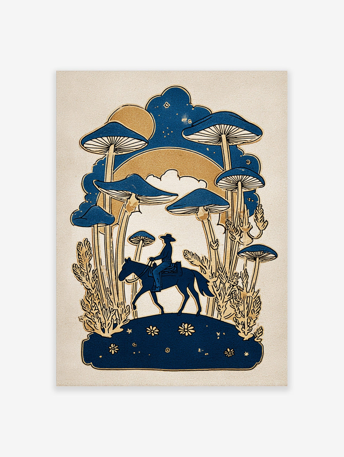 Illustrative print of a cowboy on horseback with giant blue mushrooms and golden plants under a starry blue sky