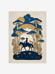 Illustrative print of a cowboy on horseback with giant blue mushrooms and golden plants under a starry blue sky