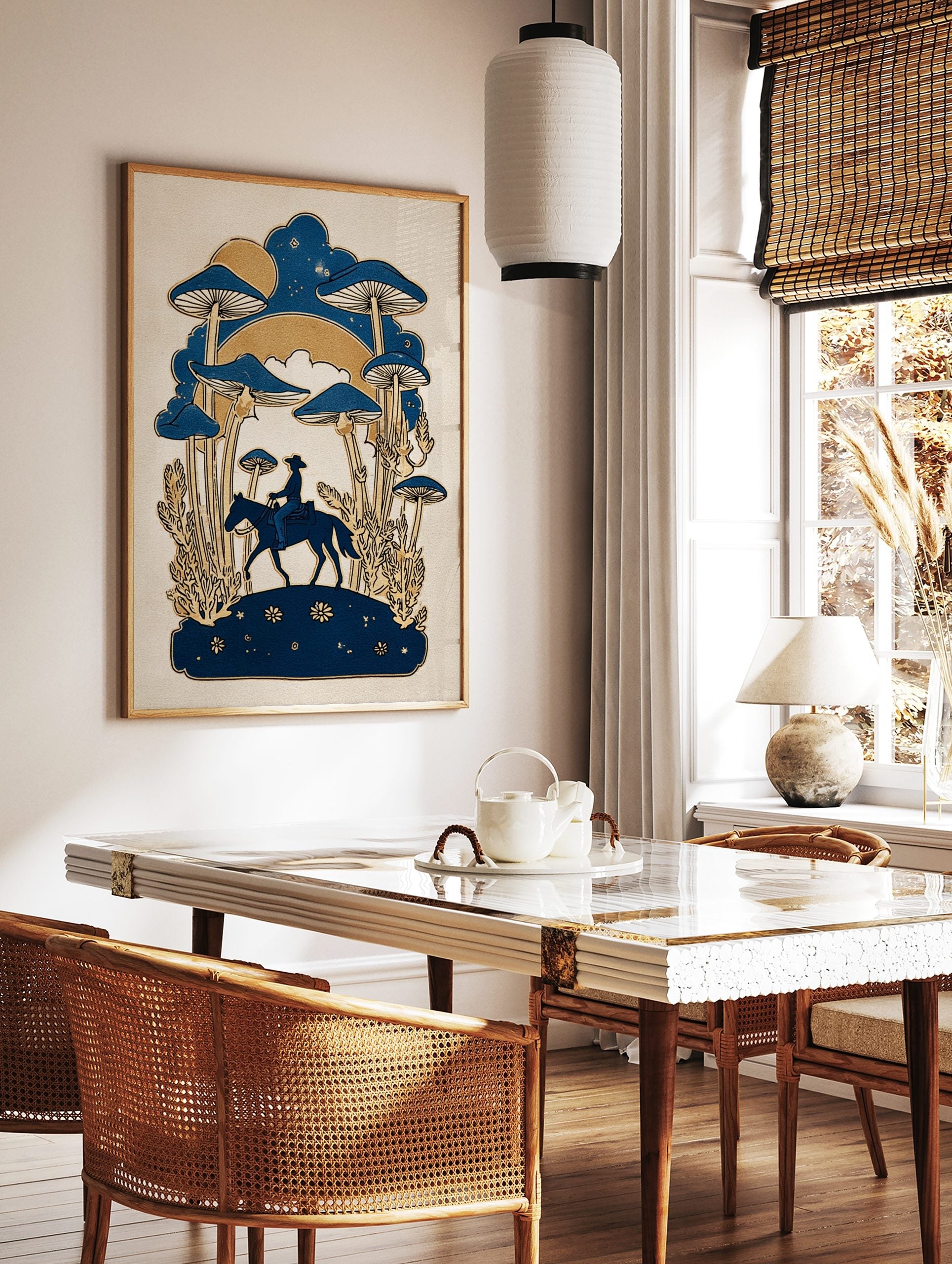 Illustrative print of a cowboy on horseback with giant blue mushrooms and golden plants under a, in a styled room mockup