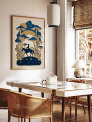 Illustrative print of a cowboy on horseback with giant blue mushrooms and golden plants under a, in a styled room mockup