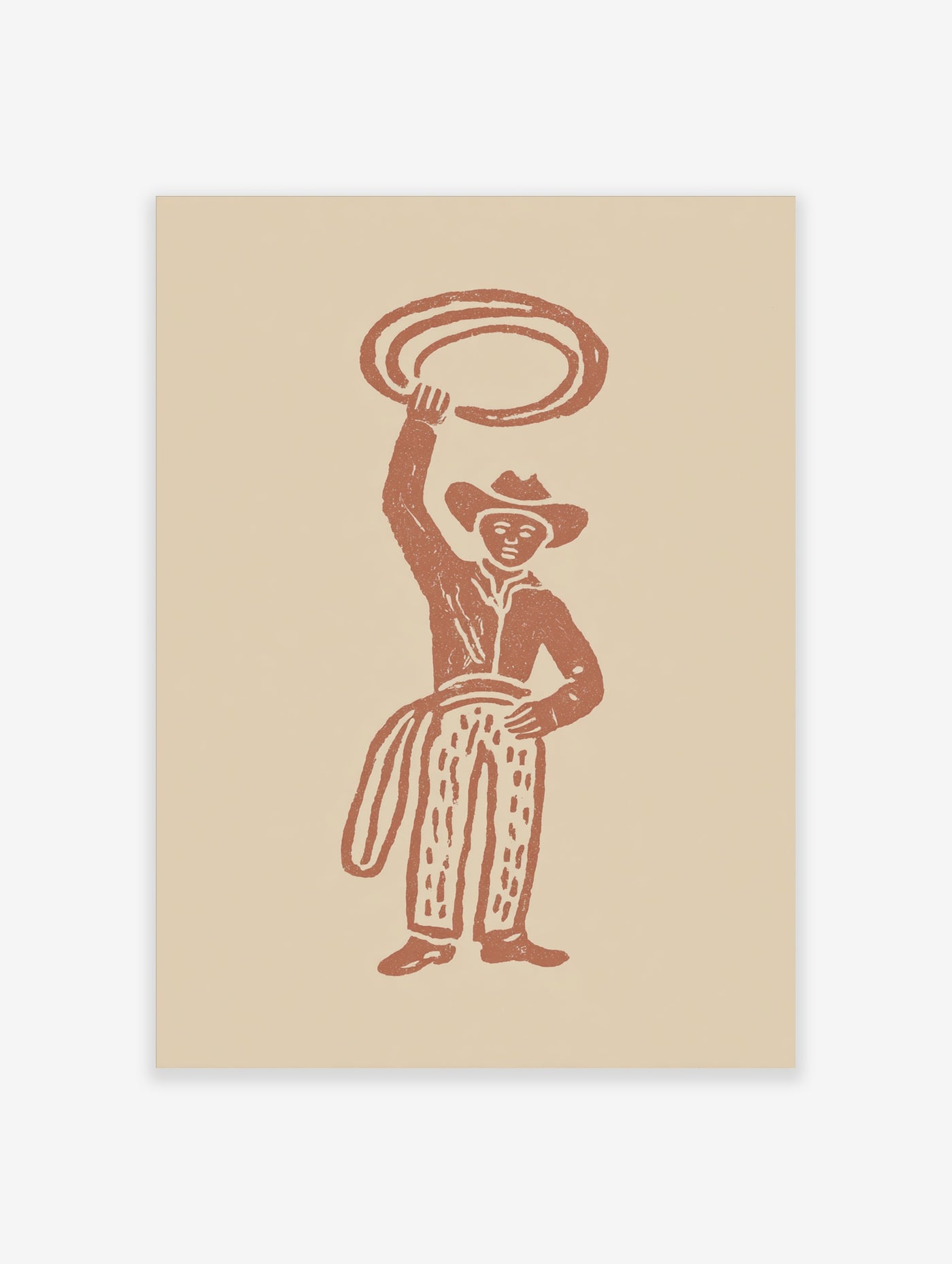 Cowboy in hat and patterned trousers holding a lasso above head, brown illustration on beige background