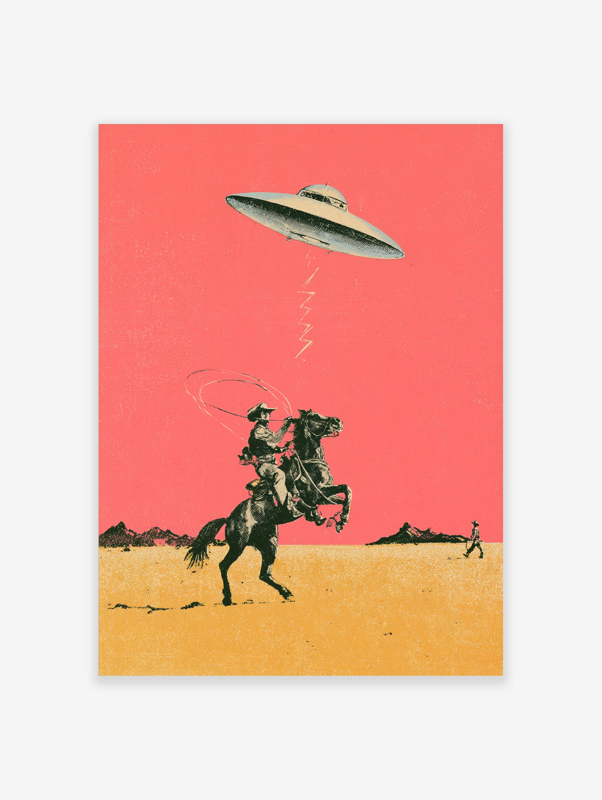 Retro poster of a cowboy on a rearing horse lassoing a UFO above a pink desert with yellow ground