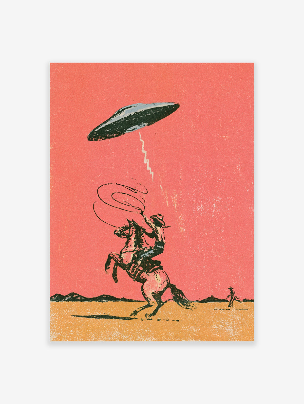 Retro poster of a cowboy on a rearing horse lassoing a UFO in a pink sky above a yellow desert
