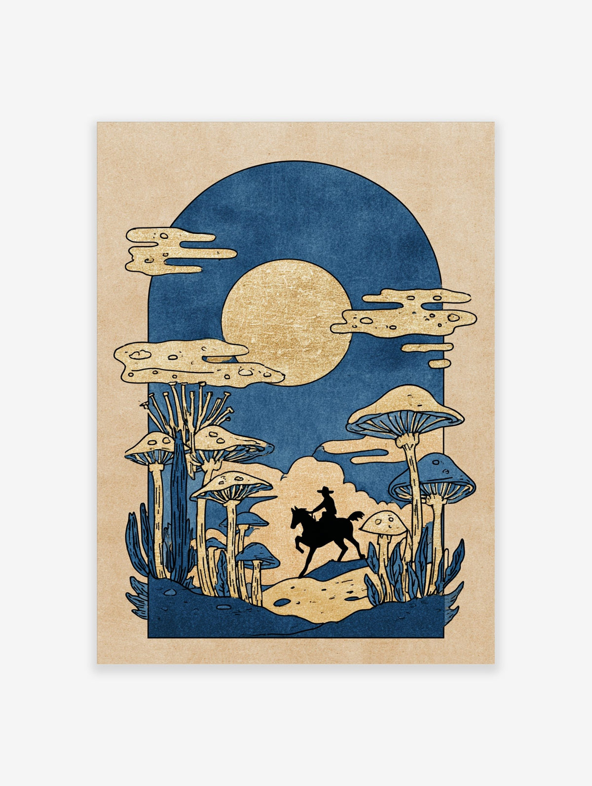 Illustrative print of cowboy on horse in mushroom forest under golden moon, blue and gold palette