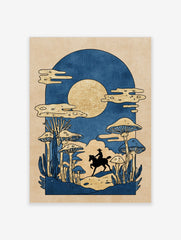 Illustrative print of cowboy on horse in mushroom forest under golden moon, blue and gold palette