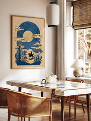 Illustrative print of cowboy on horse in mushroom forest under golden moon, blue and gold palette, in a styled room mockup