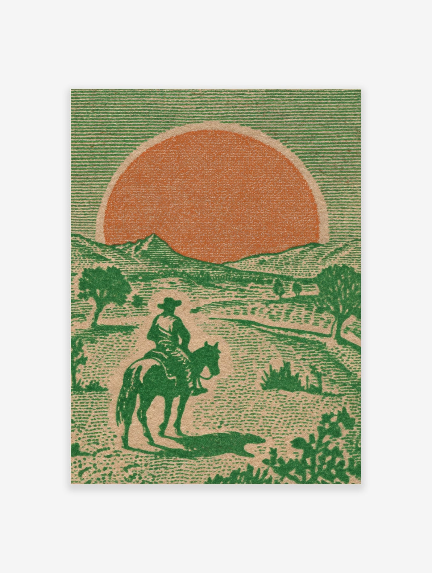 Cowboy on horse at sunset, green landscape with orange sun, illustration art print