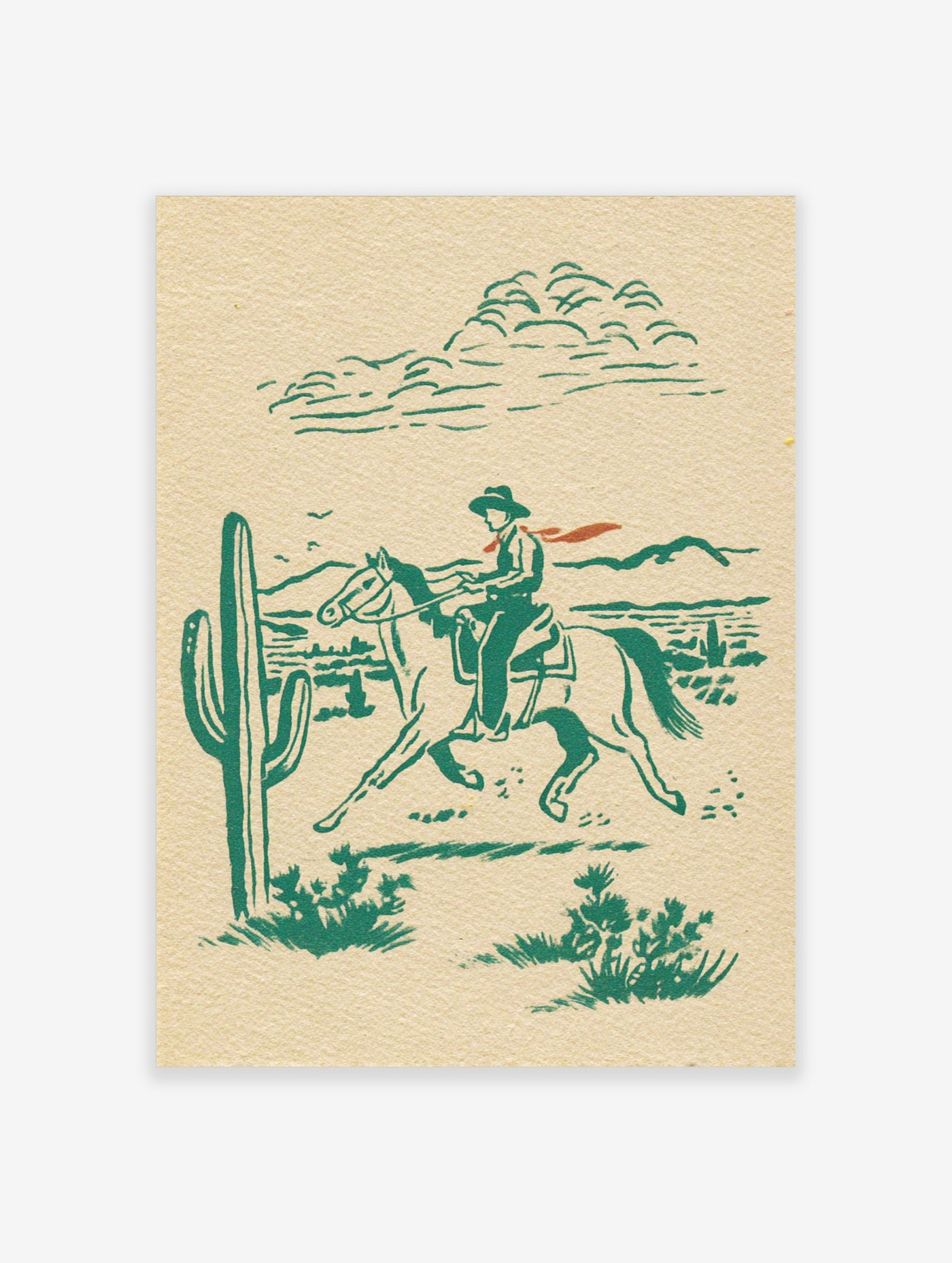 Green ink cowboy on horse desert illustration with cactus and mountains on beige paper