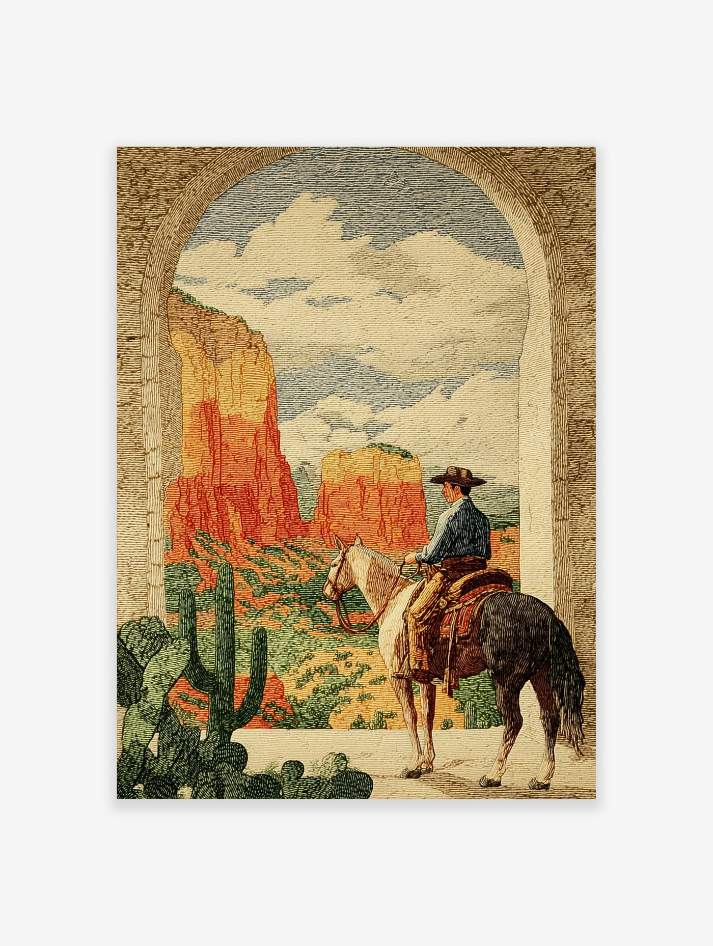 Cowboy on white horse looking at red rock mesas and cacti, framed by stone arch, illustrated print
