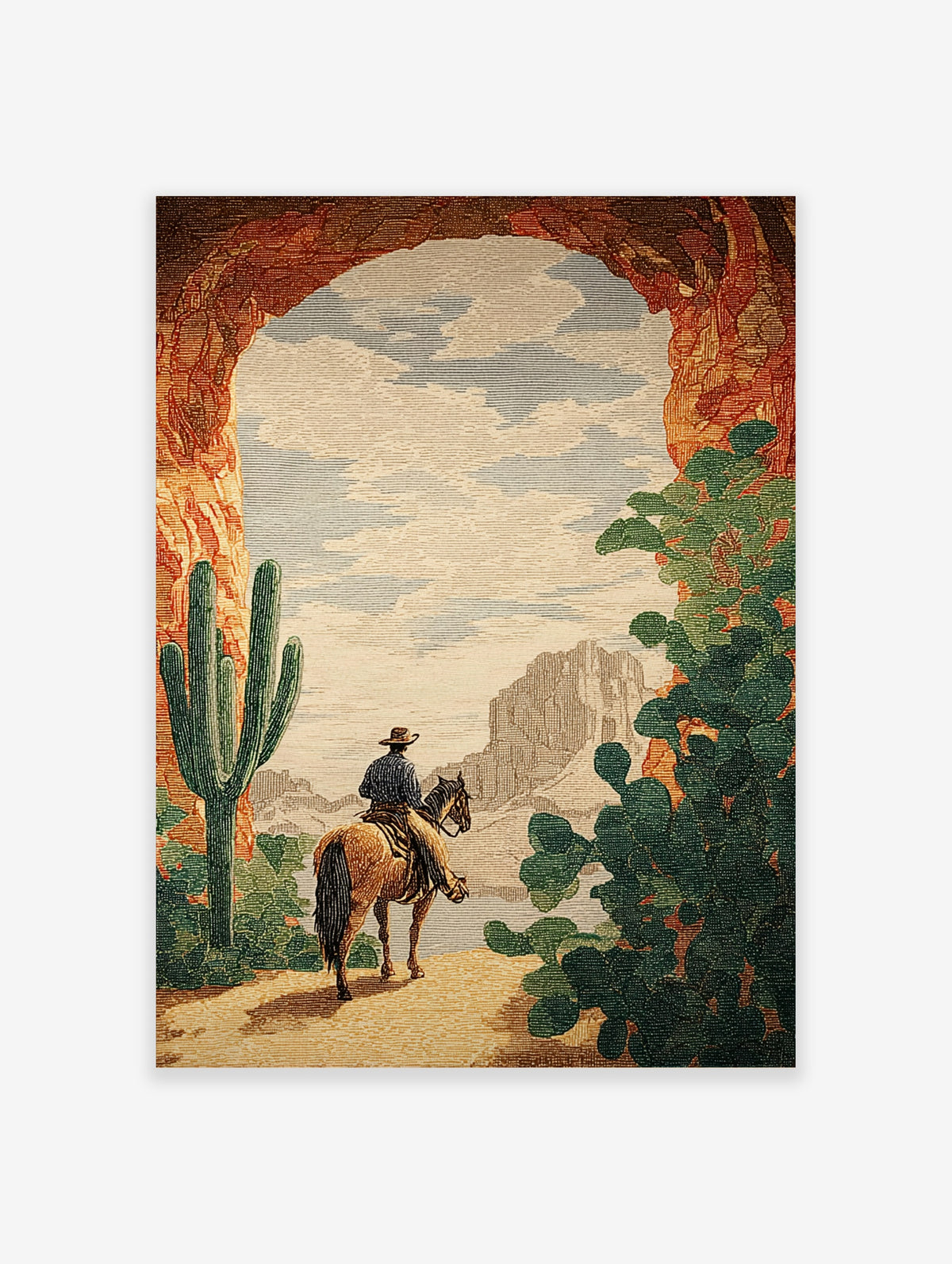 Cowboy on horse desert print with saguaro cactus and canyon, vintage Western illustration