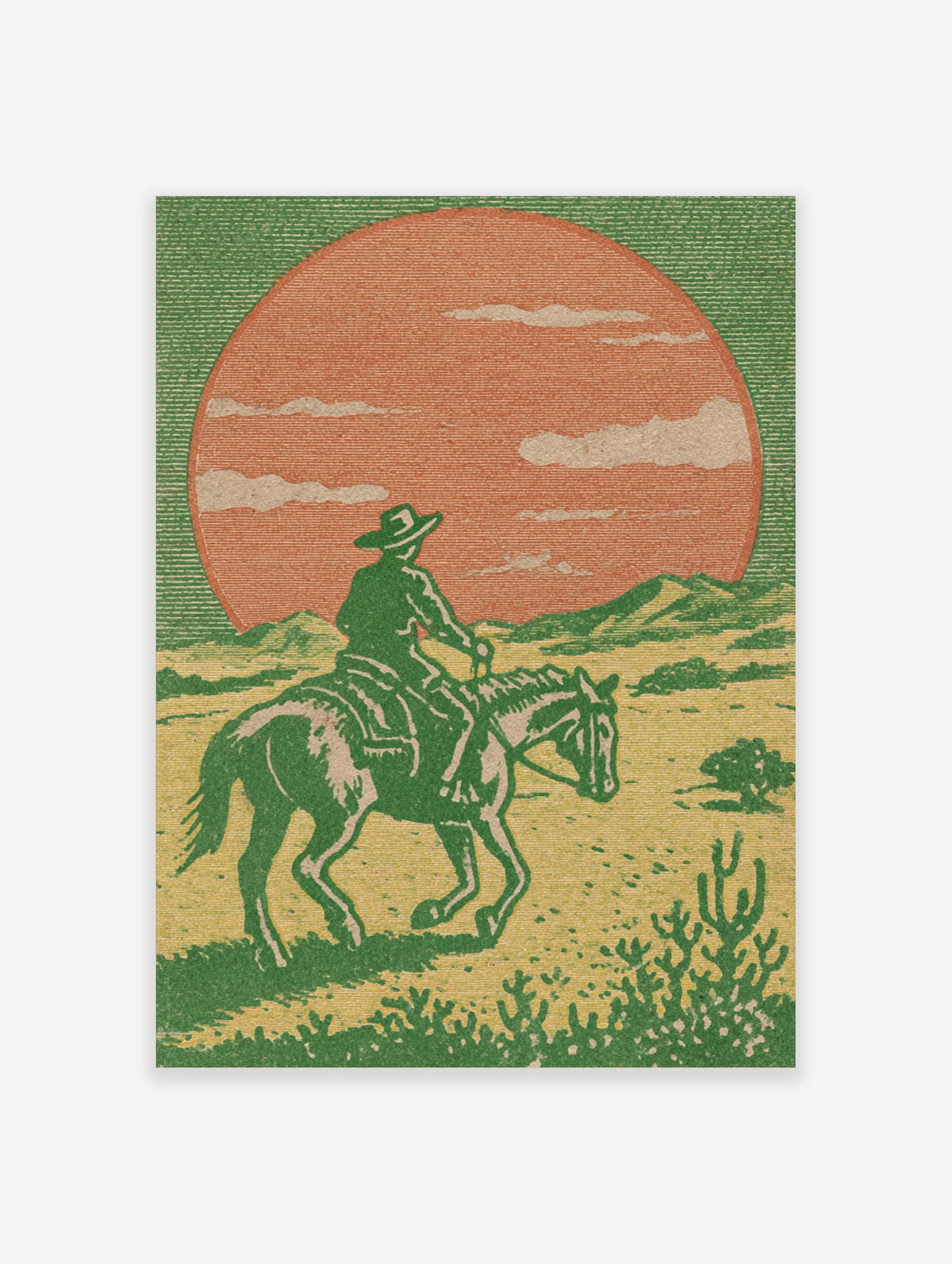 Cowboy on horse desert sunset poster with large orange sun and green cacti, retro western illustration