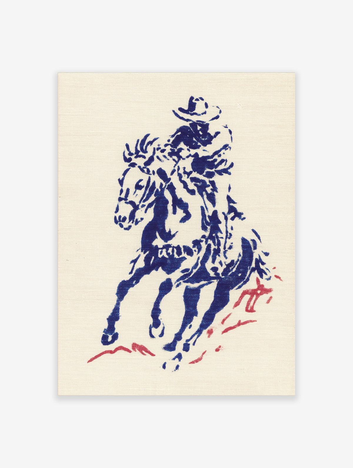 Blue cowboy on horse illustration art print with red accents on cream background