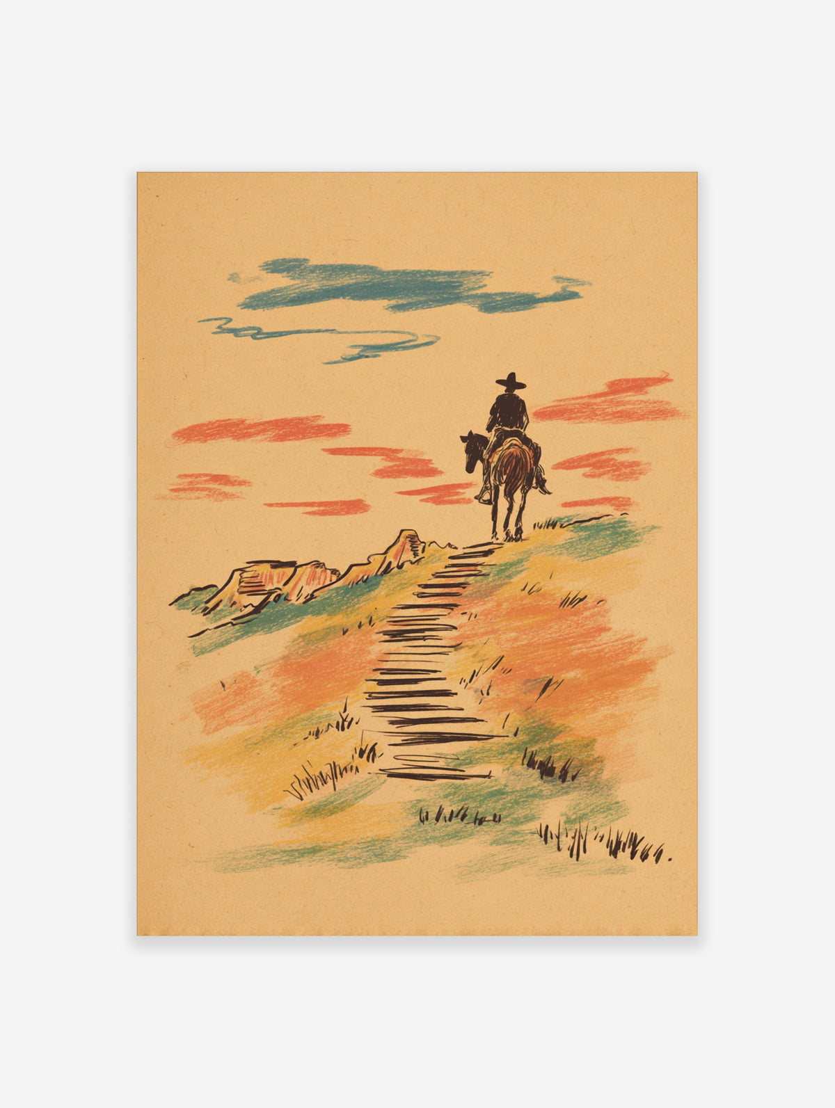 Cowboy on horse wall art with winding path, orange sky, and blue clouds in a Western landscape