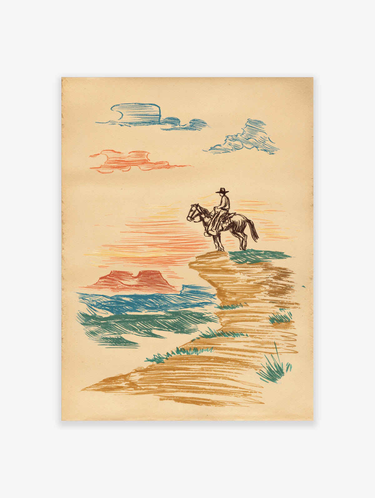 Cowboy on horseback overlooking desert canyon at sunset, sketch style with orange, blue, green lines on beige background