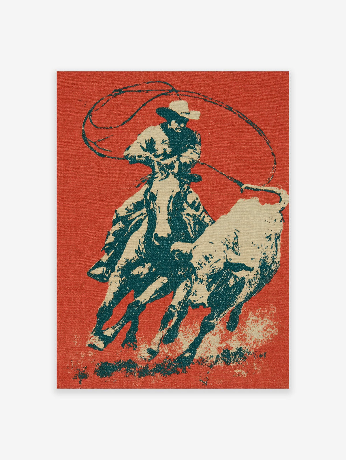 Cowboy Rodeo poster depicting a cowboy on horseback actively roping a bull, in a vintage graphic art style with red, teal, and beige colors.