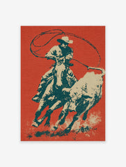 Cowboy Rodeo poster depicting a cowboy on horseback actively roping a bull, in a vintage graphic art style with red, teal, and beige colors.