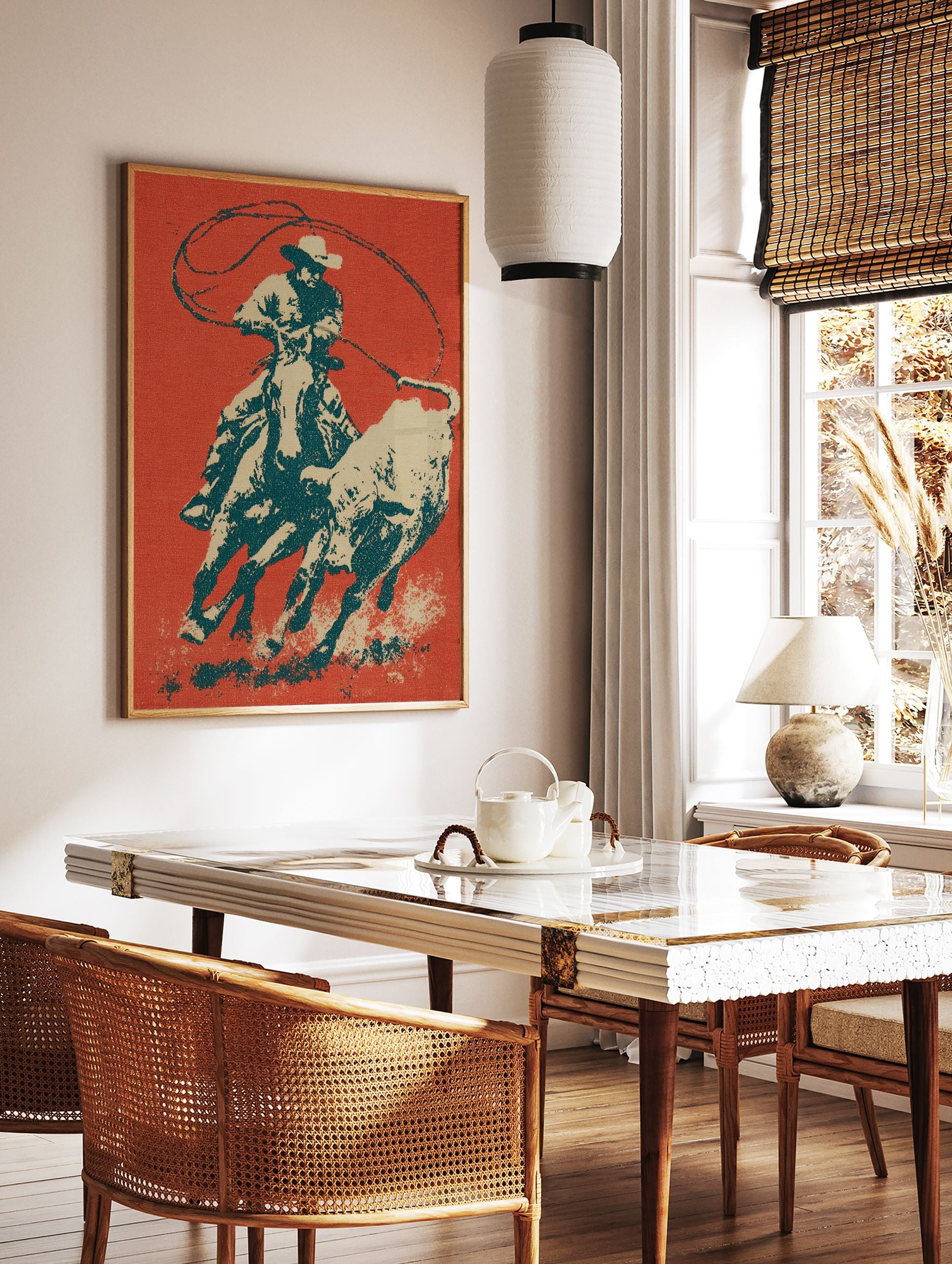 Cowboy Rodeo poster depicting a cowboy on horseback actively roping a bull, in a vintage graphic art style with red, teal, and beige colors. - Image 2
