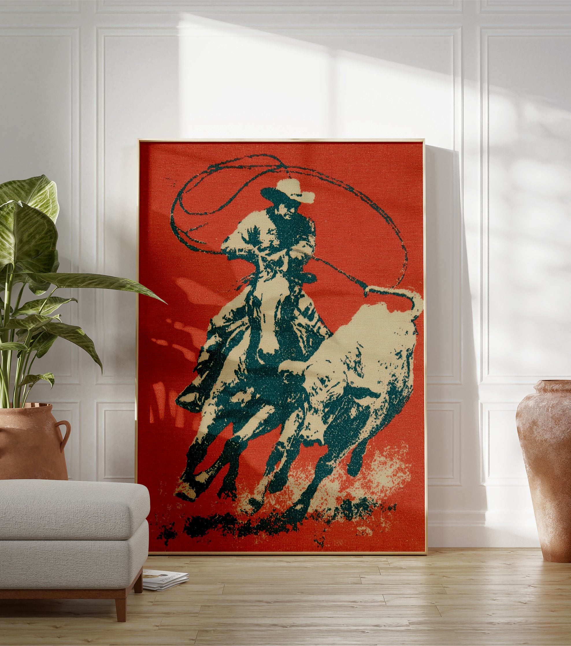 Cowboy Rodeo poster depicting a cowboy on horseback actively roping a bull, in a vintage graphic art style with red, teal, and beige colors. - Image 3