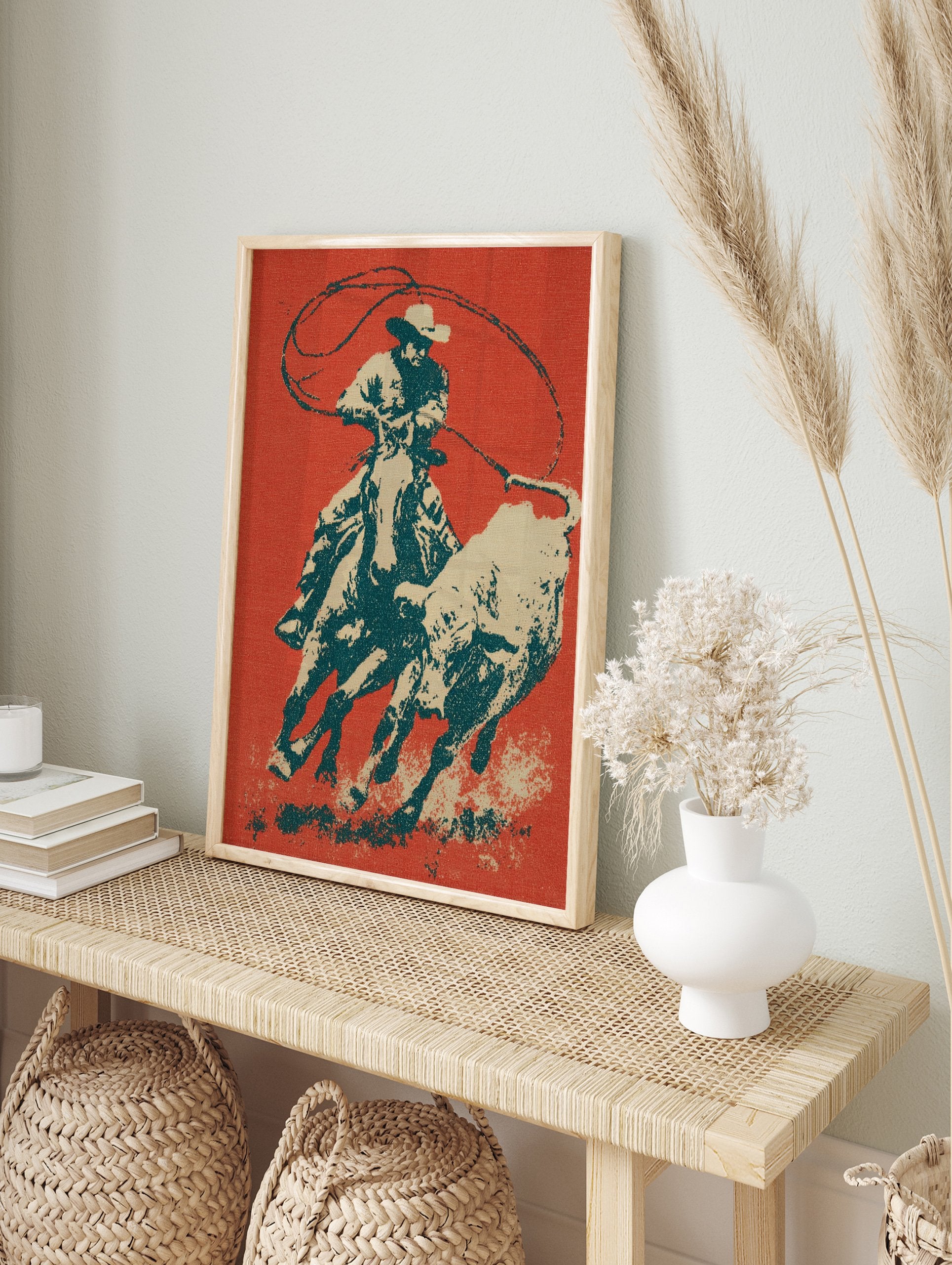 Cowboy Rodeo poster depicting a cowboy on horseback actively roping a bull, in a vintage graphic art style with red, teal, and beige colors. - Image 4