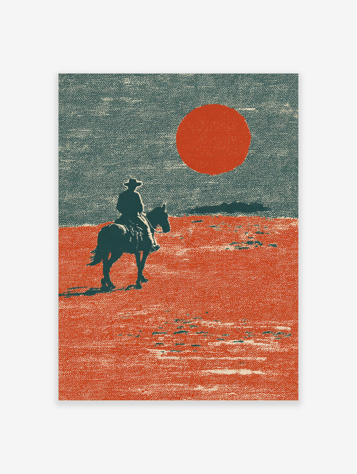 Cowboy on horseback silhouette against large red sun and orange desert, teal sky, vintage western poster art