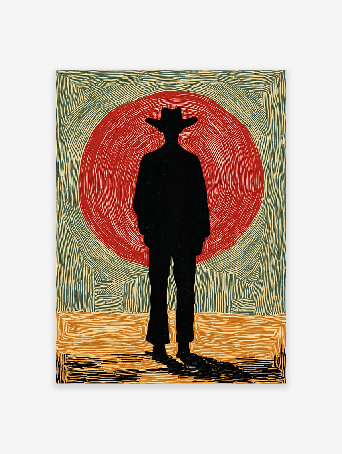 Black cowboy silhouette standing before a large red sun, textured green background, yellow ground, Western poster art