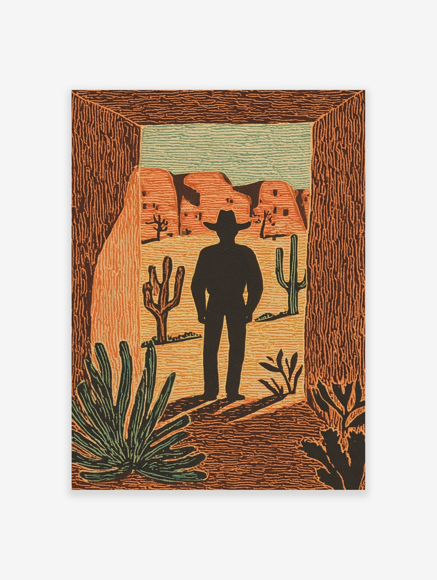 Cowboy silhouette in desert with cacti and adobe buildings, linocut style print