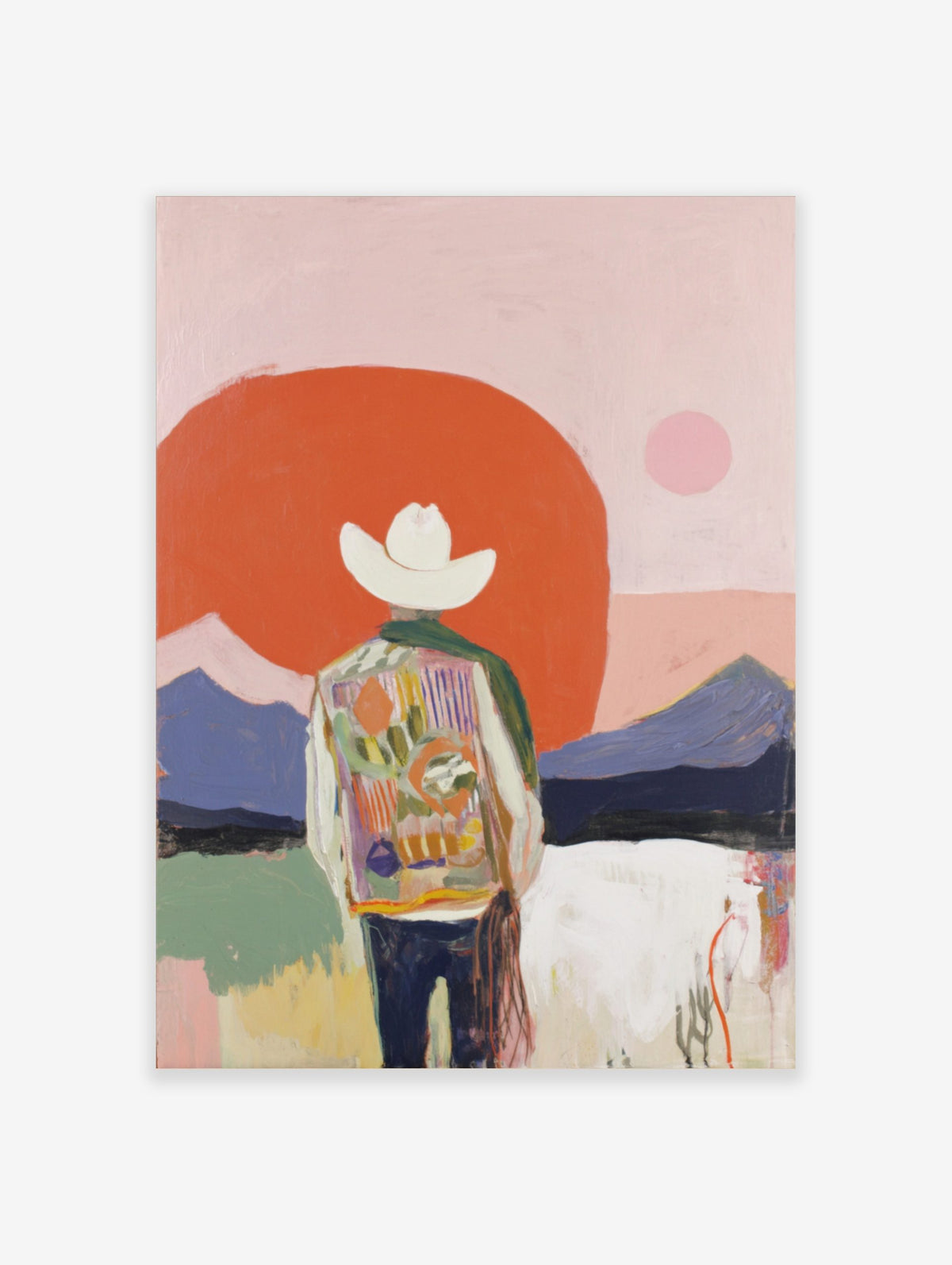 Abstract cowboy art print with figure in colourful jacket, white hat, red sun, and purple mountains
