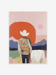 Abstract cowboy art print with figure in colourful jacket, white hat, red sun, and purple mountains