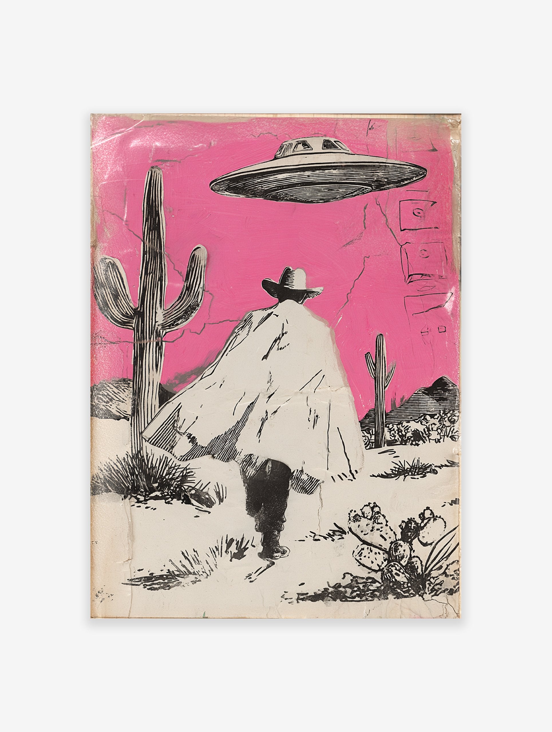 Illustrated Cowboy UFO art print featuring a cowboy in a pink desert with cacti and a flying saucer overhead.