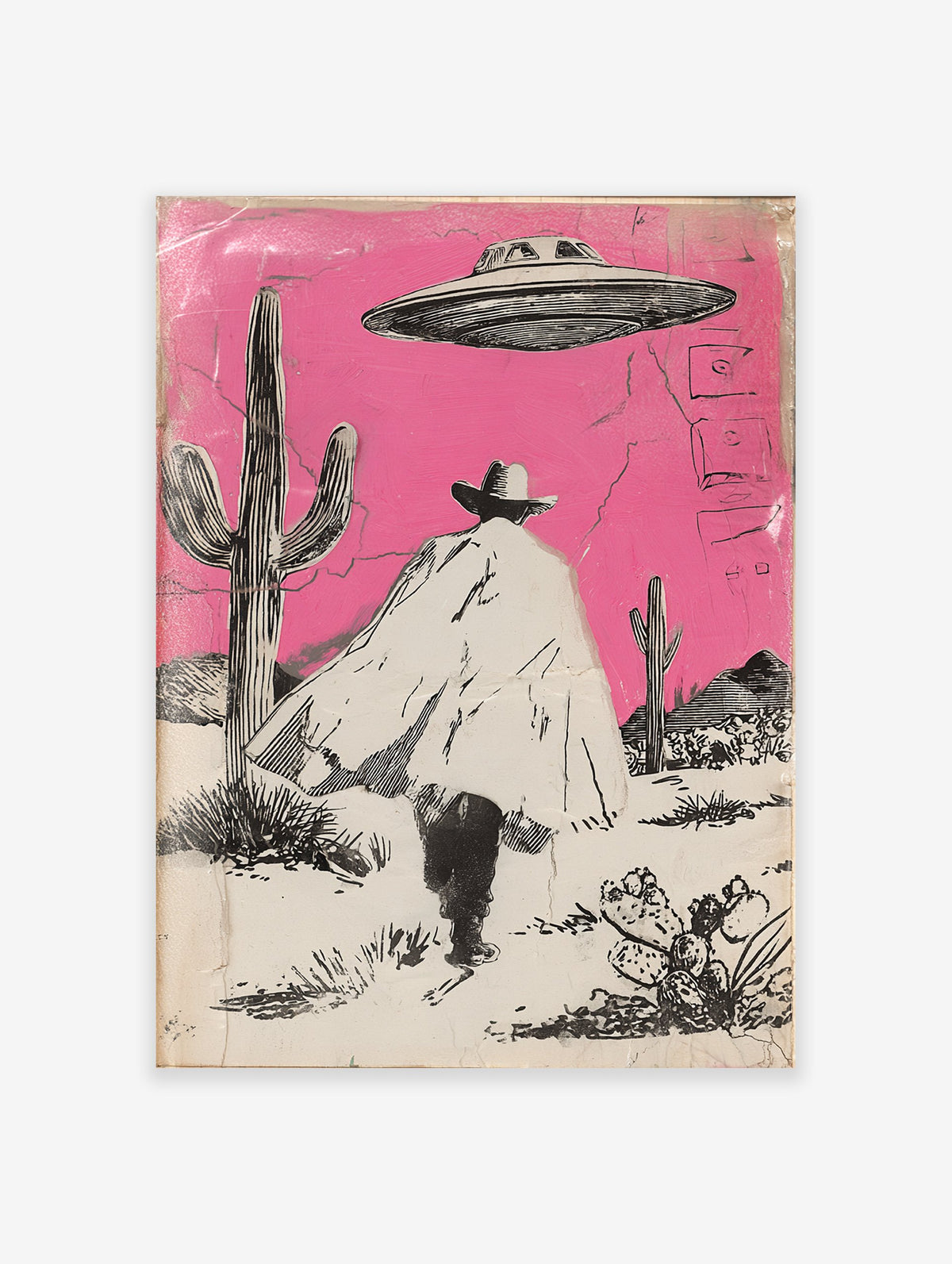 Illustrated Cowboy UFO art print featuring a cowboy in a pink desert with cacti and a flying saucer overhead.