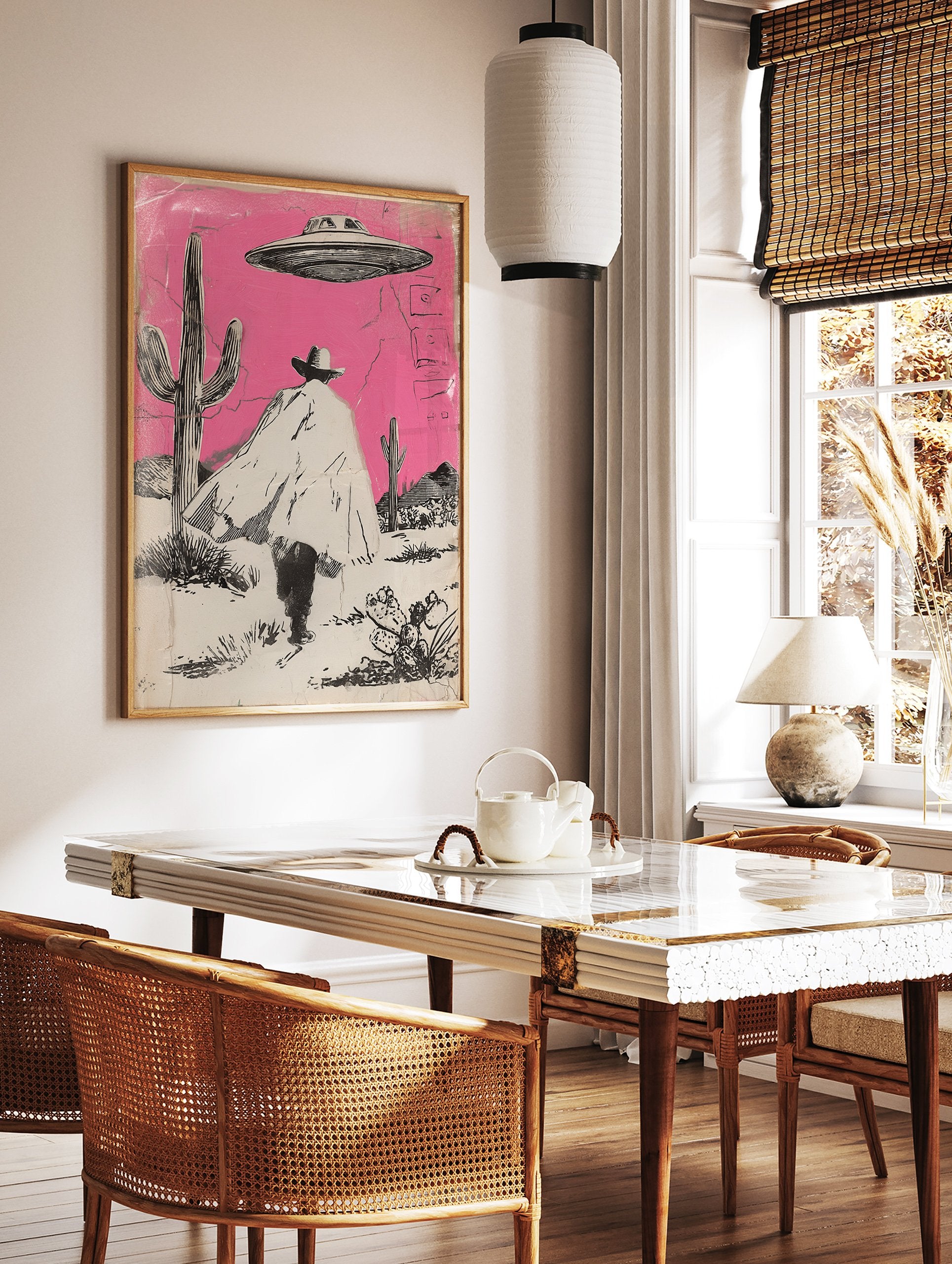 Illustrated Cowboy UFO art print featuring a cowboy in a pink desert with cacti and a flying saucer overhead. - Image 3