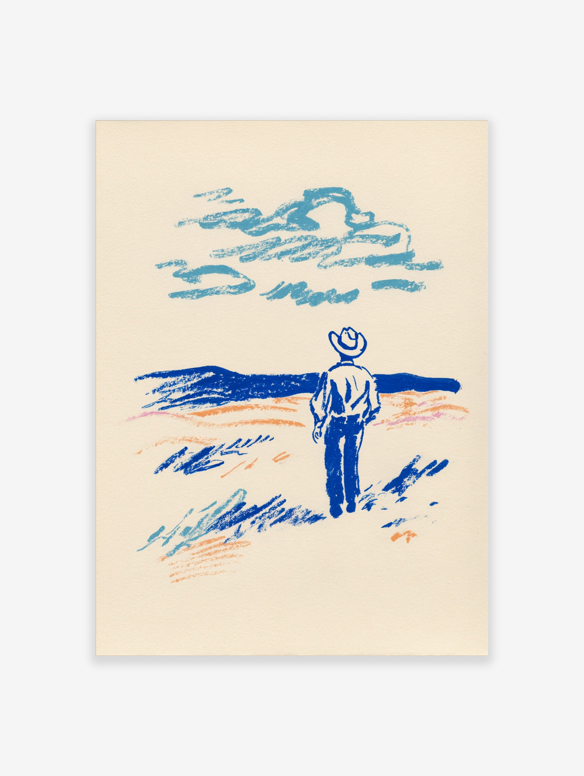 Cowboy in hat standing in blue desert landscape with orange accents, illustrated wall art print