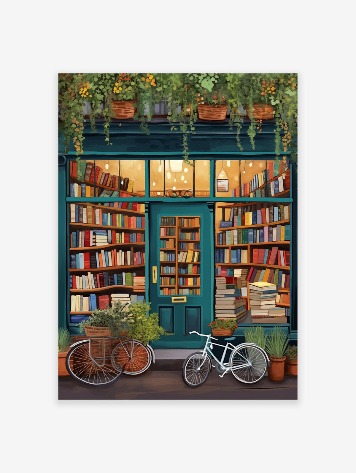 Illustrated cozy bookstore poster with a teal facade, warm interior lighting, bookshelves, plants, and bicycles outside.
