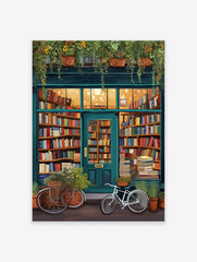 Illustrated cozy bookstore poster with a teal facade, warm interior lighting, bookshelves, plants, and bicycles outside.