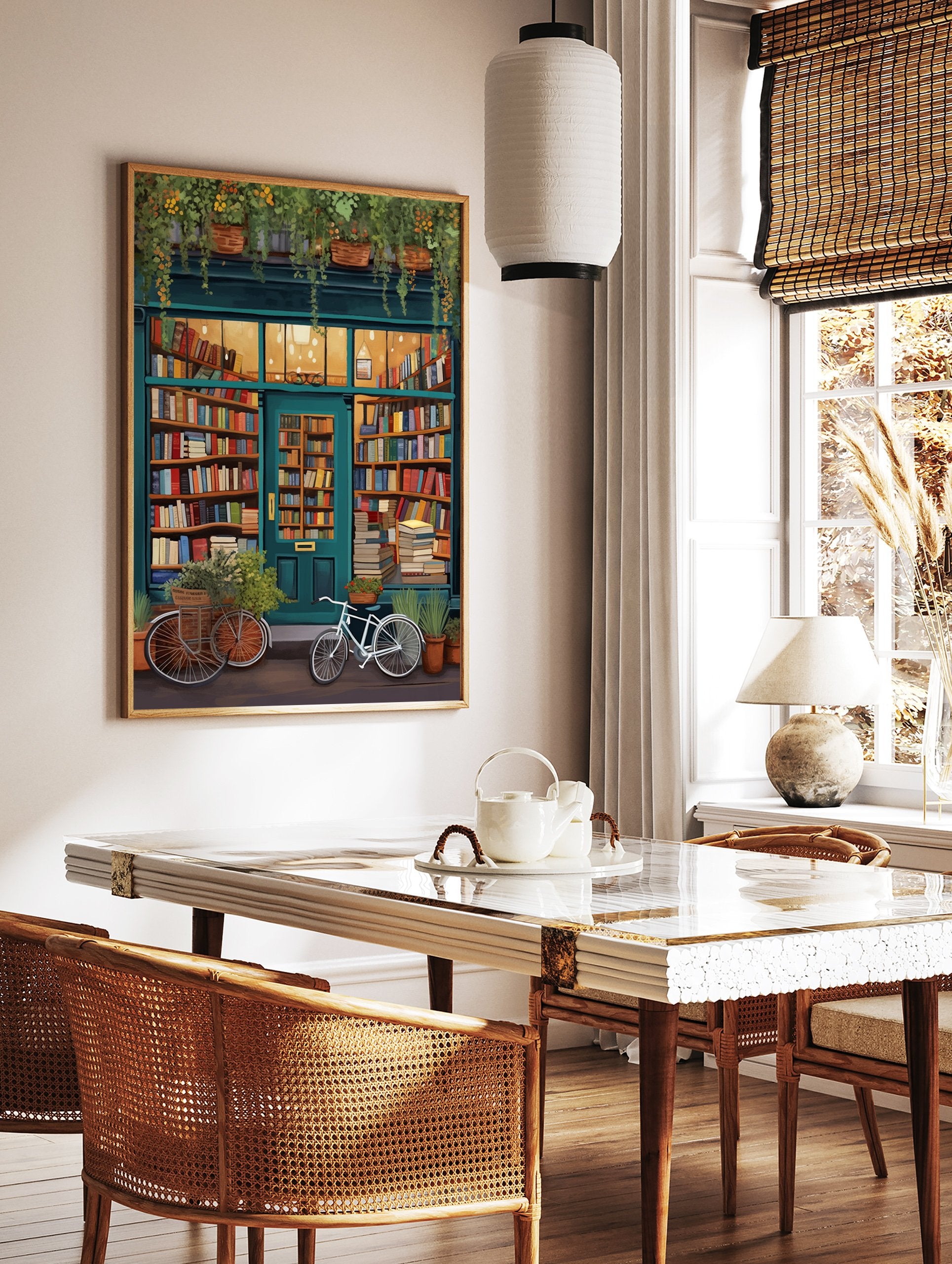 Illustrated cozy bookstore poster with a teal facade, warm interior lighting, bookshelves, plants, and bicycles outside. - Image 2