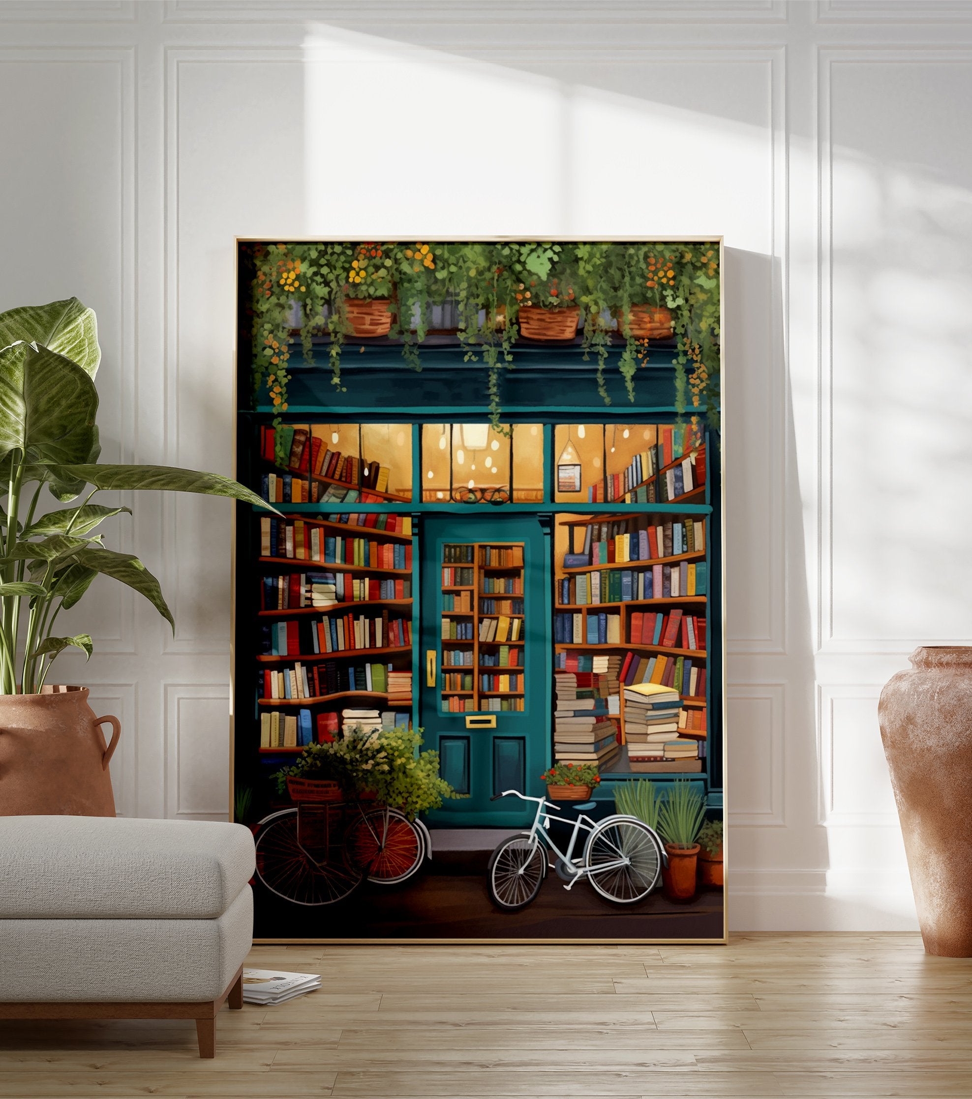 Illustrated cozy bookstore poster with a teal facade, warm interior lighting, bookshelves, plants, and bicycles outside. - Image 3
