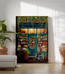 Illustrated cozy bookstore poster with a teal facade, warm interior lighting, bookshelves, plants, and bicycles outside. - Image 3
