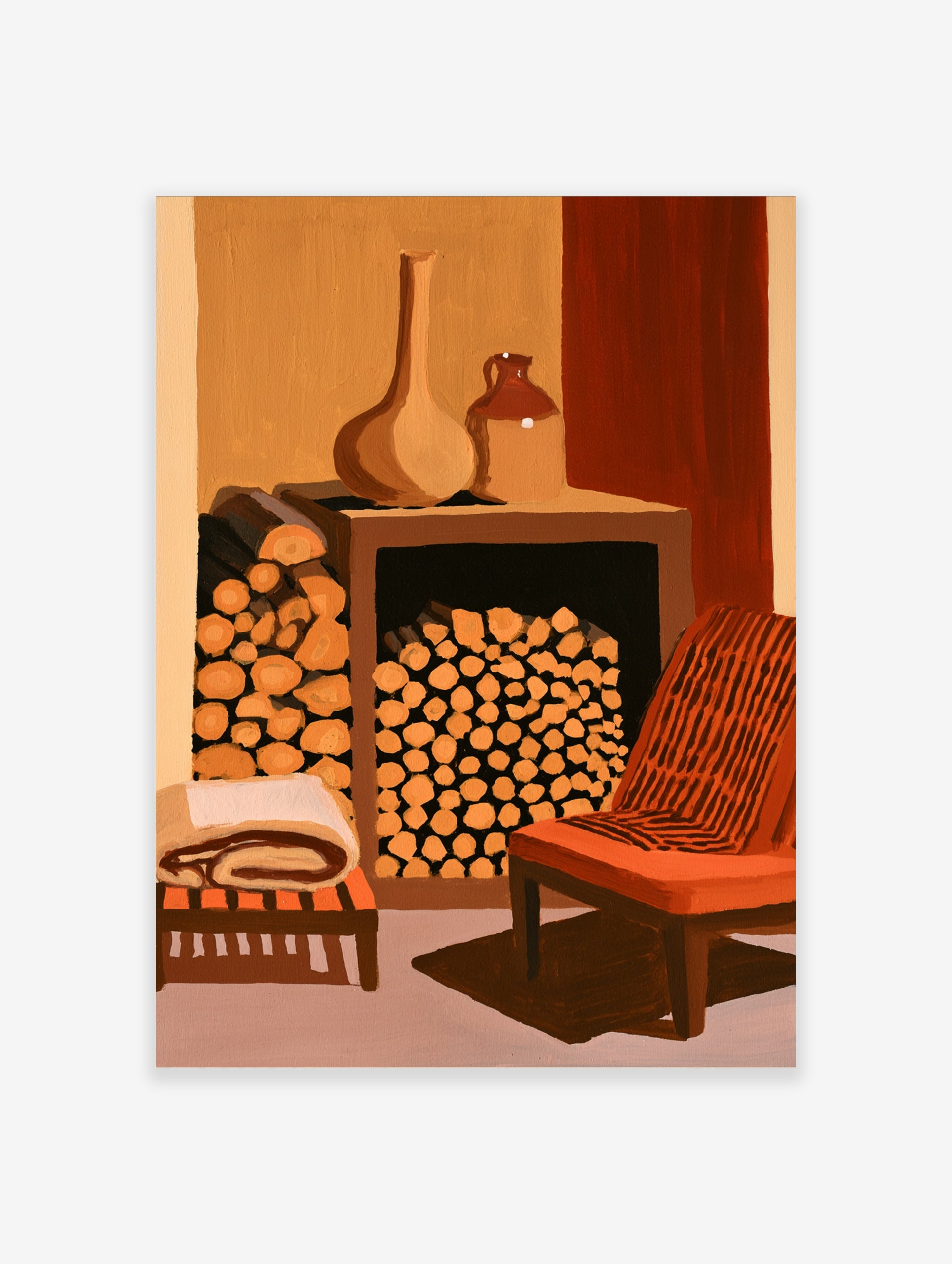 Illustrative wall art print of a fireplace filled with logs, ceramic pots, and an orange armchair in warm earthy tones