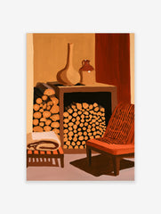Illustrative wall art print of a fireplace filled with logs, ceramic pots, and an orange armchair in warm earthy tones