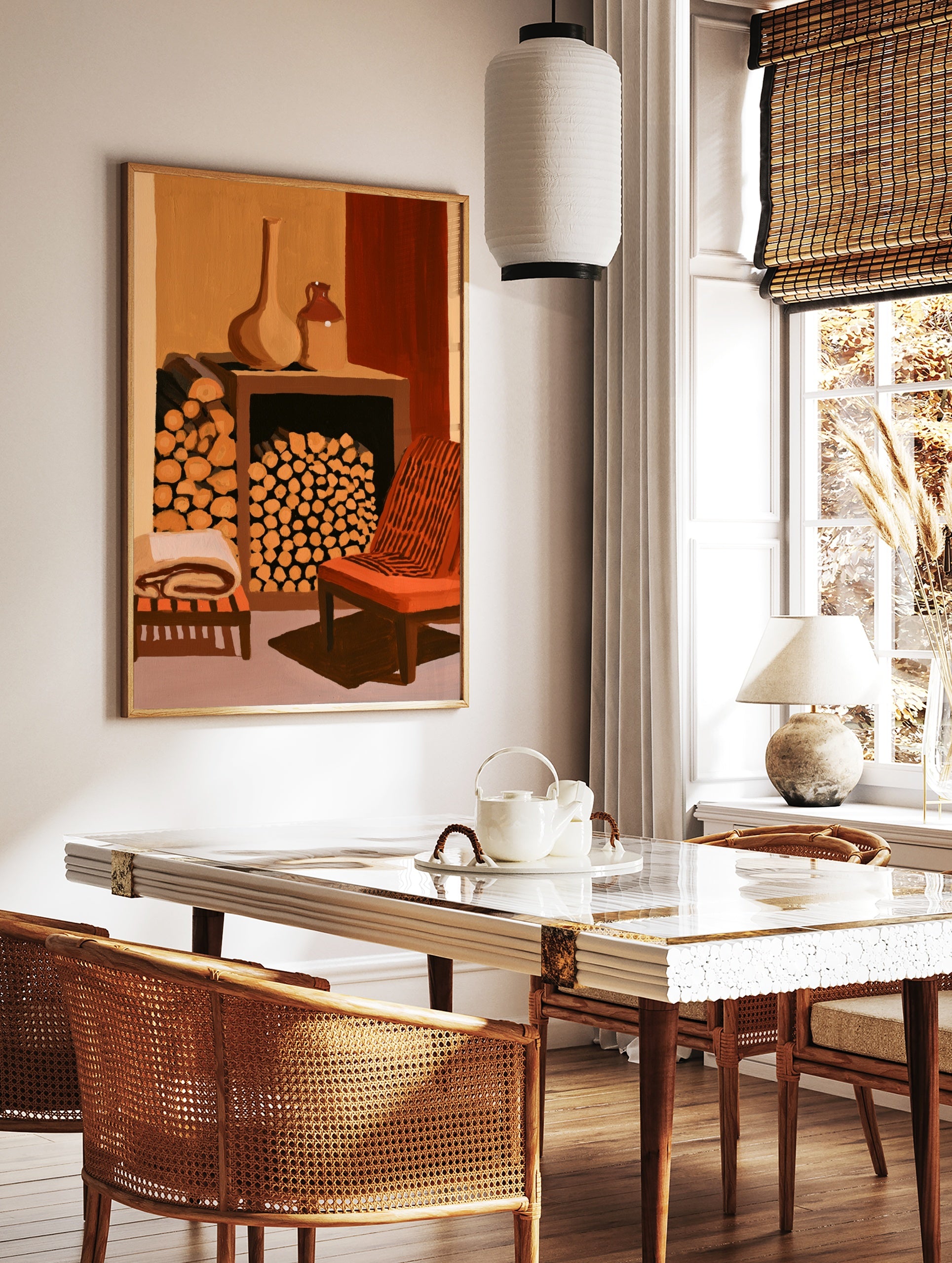 Illustrative wall art print of a fireplace filled with logs, ceramic pots, and an orange armchair, in a styled room mockup