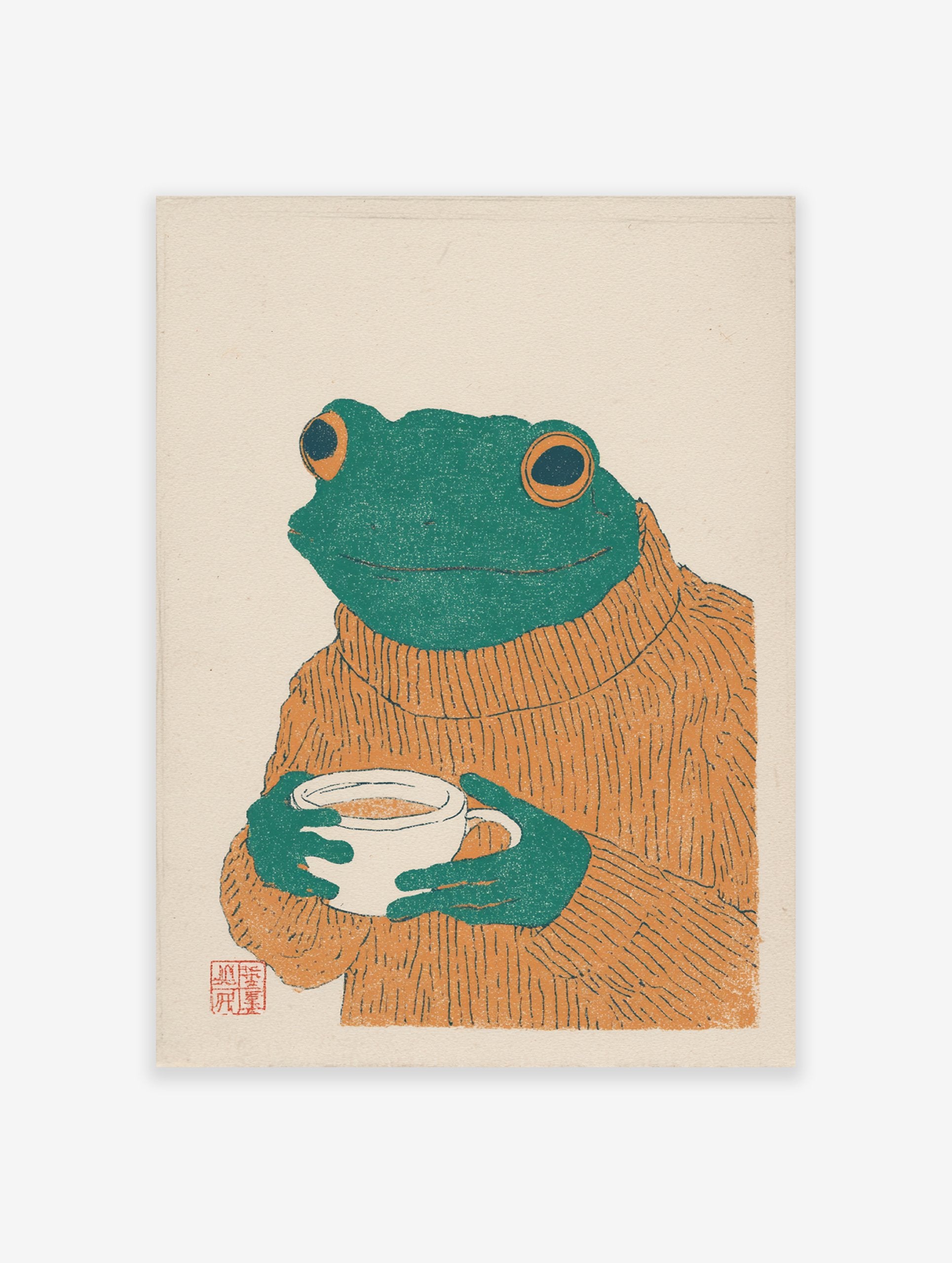 Cozy frog art print illustration wearing an orange sweater and holding a white coffee mug on a cream background.