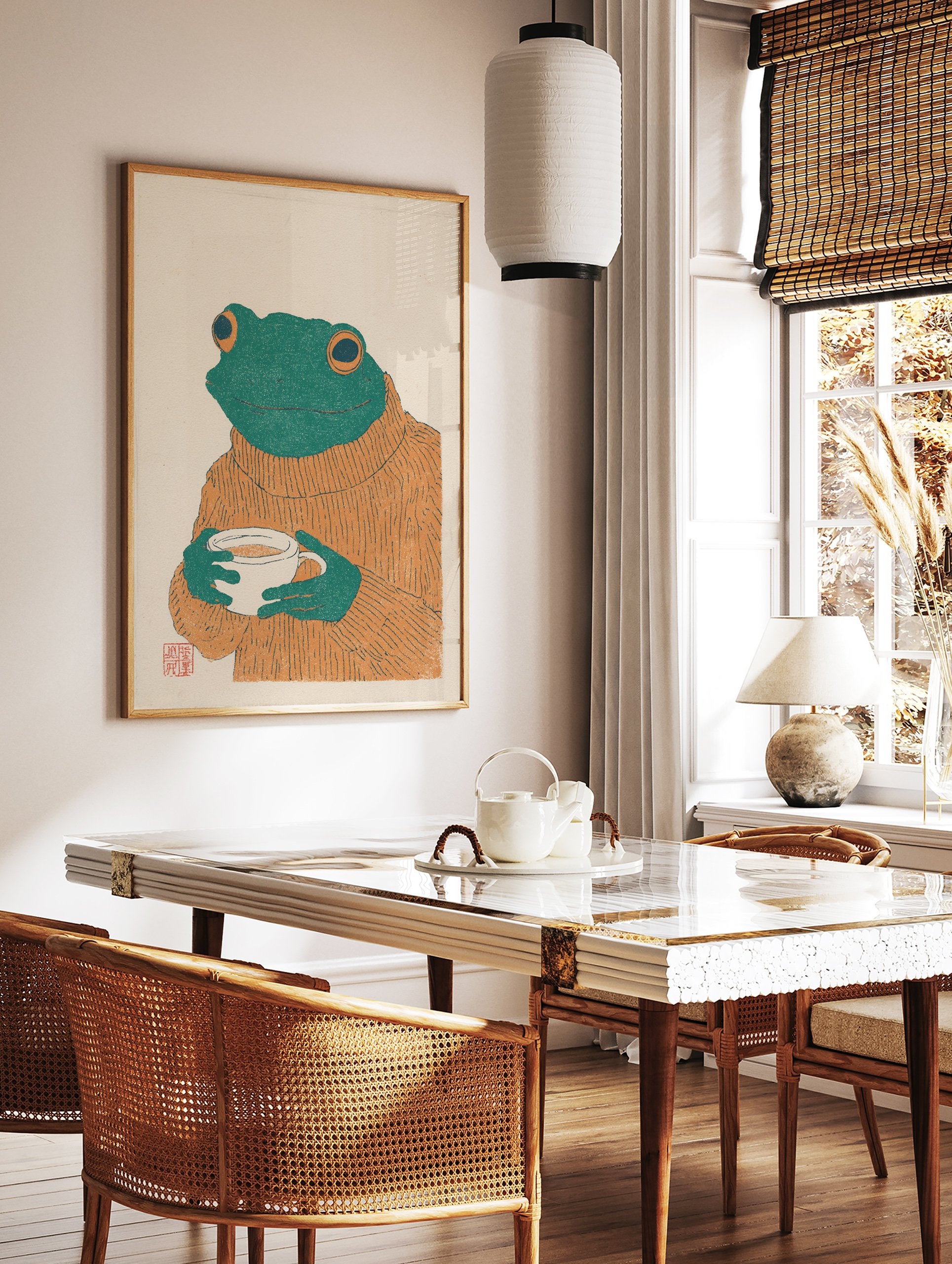 Cozy frog art print illustration wearing an orange sweater and holding a white coffee mug on a cream background. - Image 2
