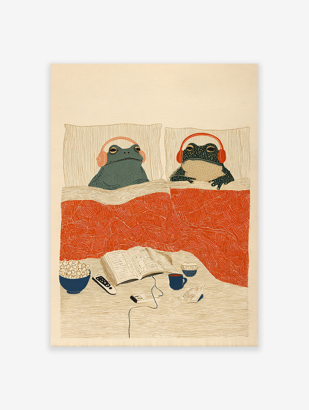 Illustrated Cozy Frogs in Bed wall art print featuring two frogs with headphones, popcorn, book, and mug on a nightstand.