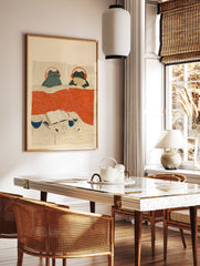 Illustrated Cozy Frogs in Bed wall art print featuring two frogs with headphones, popcorn, book, and mug on a nightstand. - Image 2