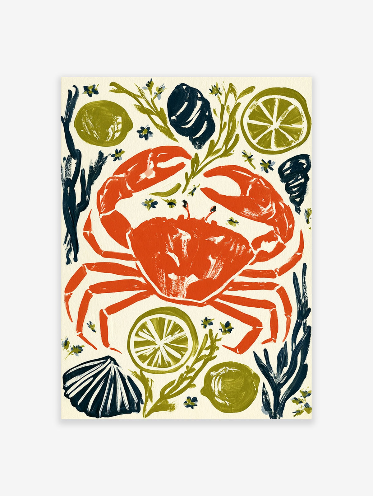Orange crab and lime citrus poster with green botanicals on cream background