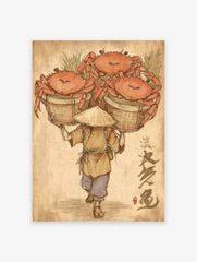 Traditional Asian illustration of a crab merchant carrying baskets of large orange crabs and green foliage on a textured brown background.