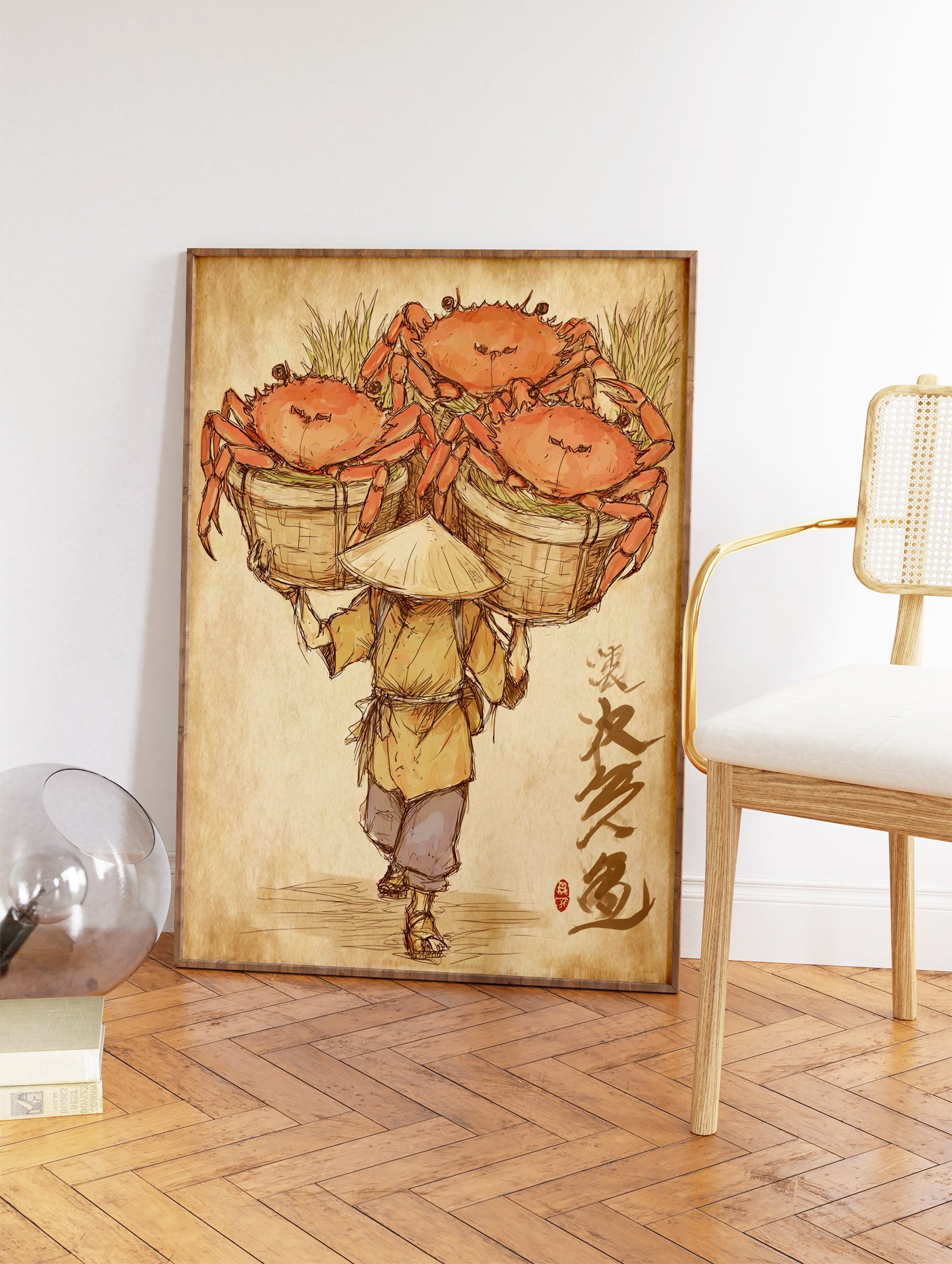 Traditional Asian illustration of a crab merchant carrying baskets of large orange crabs and green foliage on a textured brown background. - Image 2