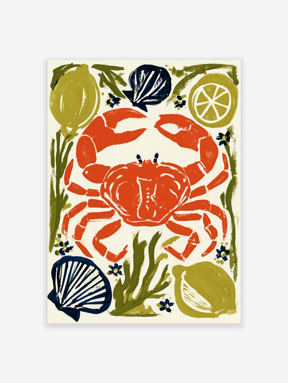 Red crab coastal poster with lemons, lime, blue shells and seaweed on cream background