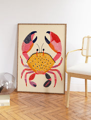 Colorful illustrated crab wall art print with intricate dot patterns in yellow, pink, and blue on a light beige background. - Image 2